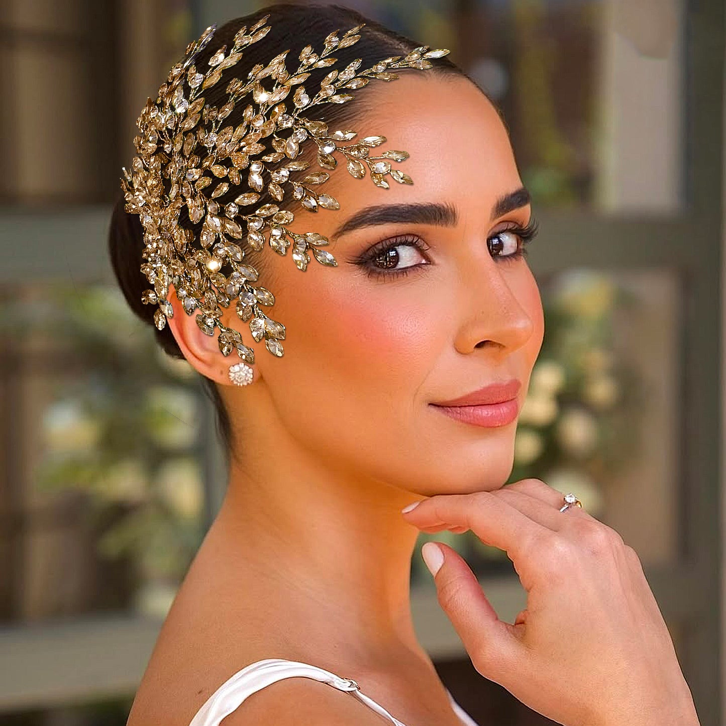 BRIDELLA BHP438 Bling Bridal Head-wear Champagne Luxury Leaf Wedding Headband Bridal Hair Accessories Fascinates for Women Headdresses