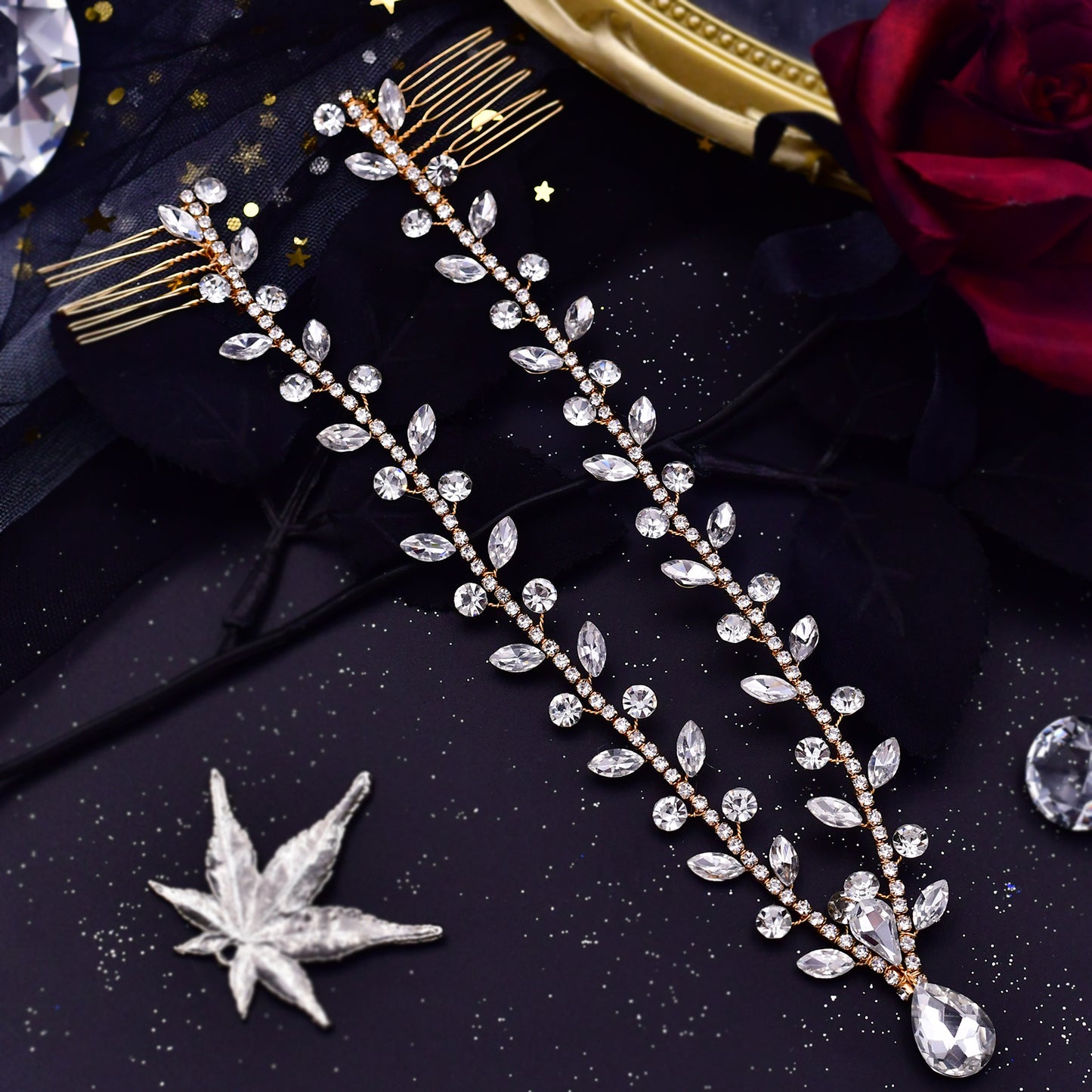 BRIDELLA BHP465  Women Headband Forehead Bridal Headdress Water Drop Head Chain Bride Headpiece with Combs Wedding Hair Accessories