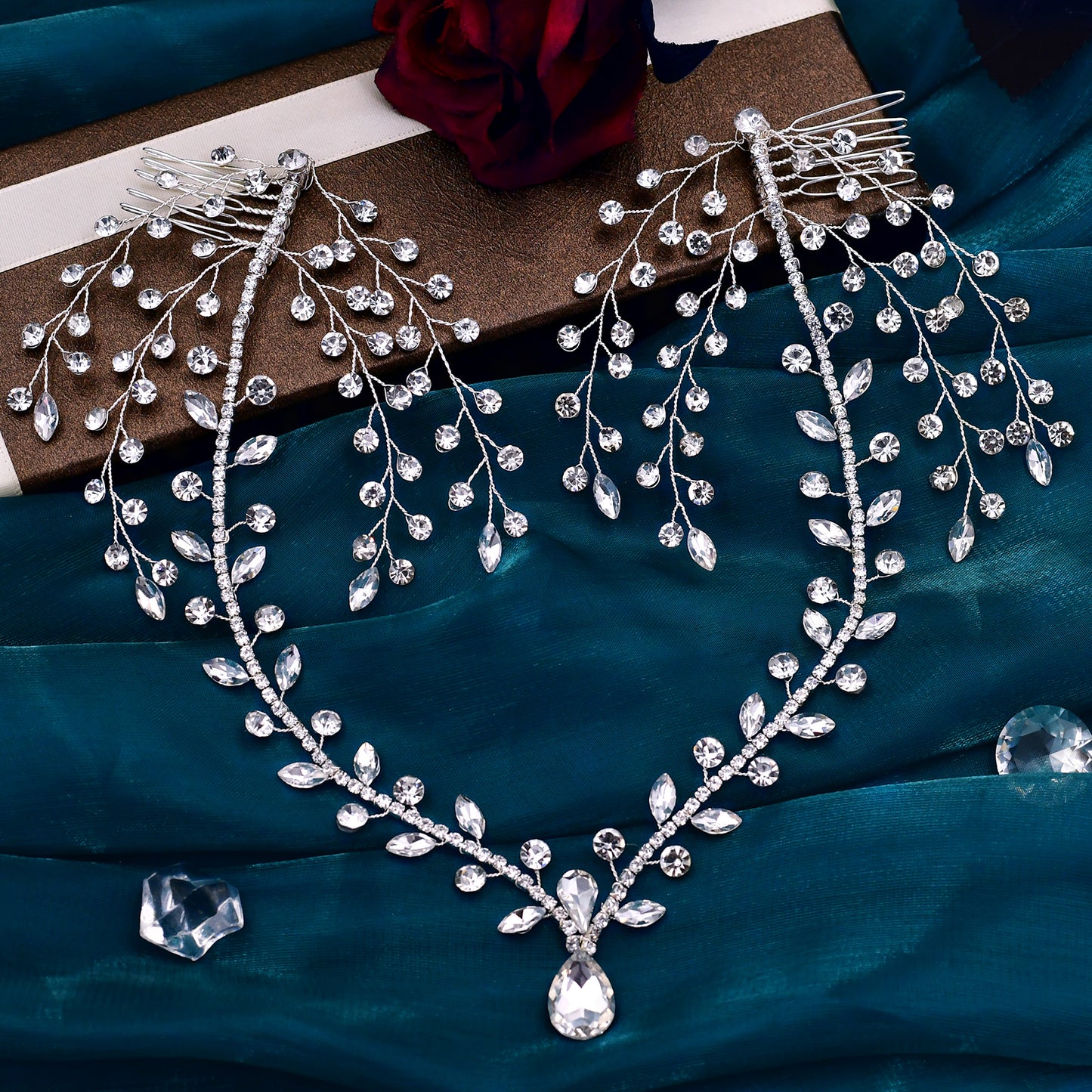 BRIDELLA BHP466 Rhinestone Forehead Headband Women Wedding Hair Two Comb Headdress Handmade Water Drop Bridal Head Tiara
