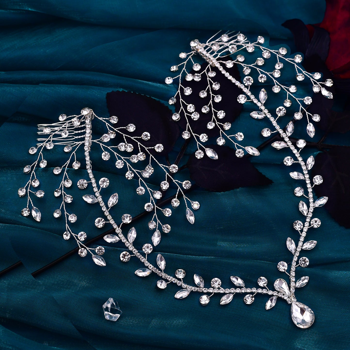 BRIDELLA BHP466 Rhinestone Forehead Headband Women Wedding Hair Two Comb Headdress Handmade Water Drop Bridal Head Tiara