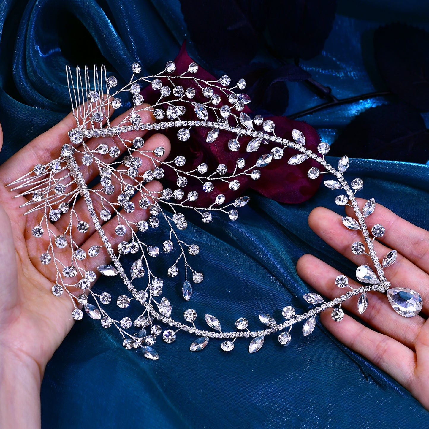 BRIDELLA BHP466 Rhinestone Forehead Headband Women Wedding Hair Two Comb Headdress Handmade Water Drop Bridal Head Tiara