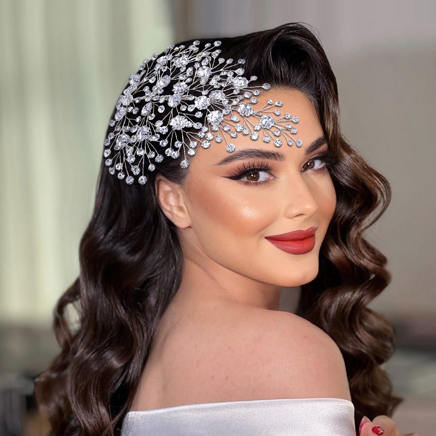 BRIDELLA BHP561  Silver Color Alloy Flower Wedding Headpiece Rhinestone Bridal Hair Accessories Headband Handmade Hair Comb
