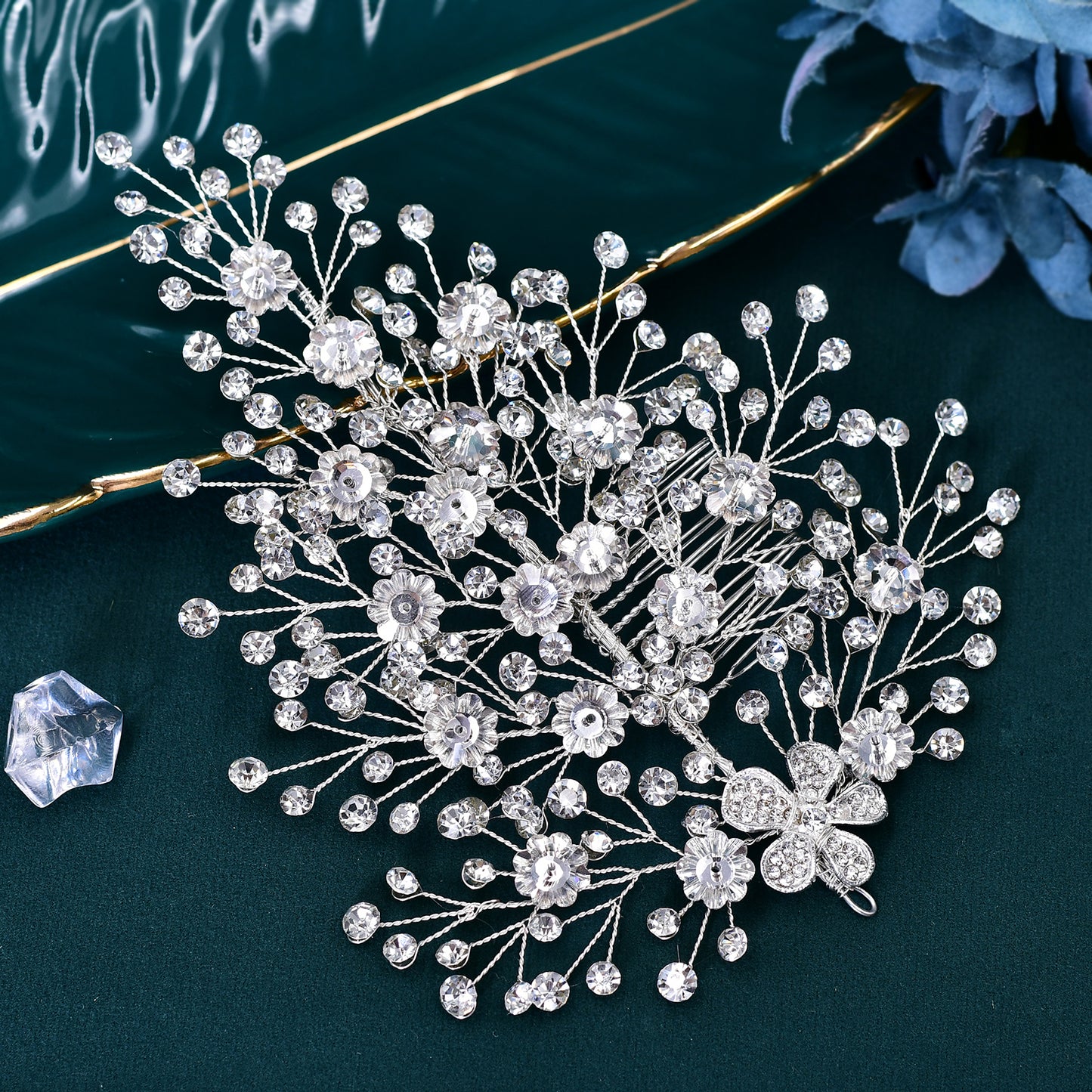 BRIDELLA BHP561  Silver Color Alloy Flower Wedding Headpiece Rhinestone Bridal Hair Accessories Headband Handmade Hair Comb