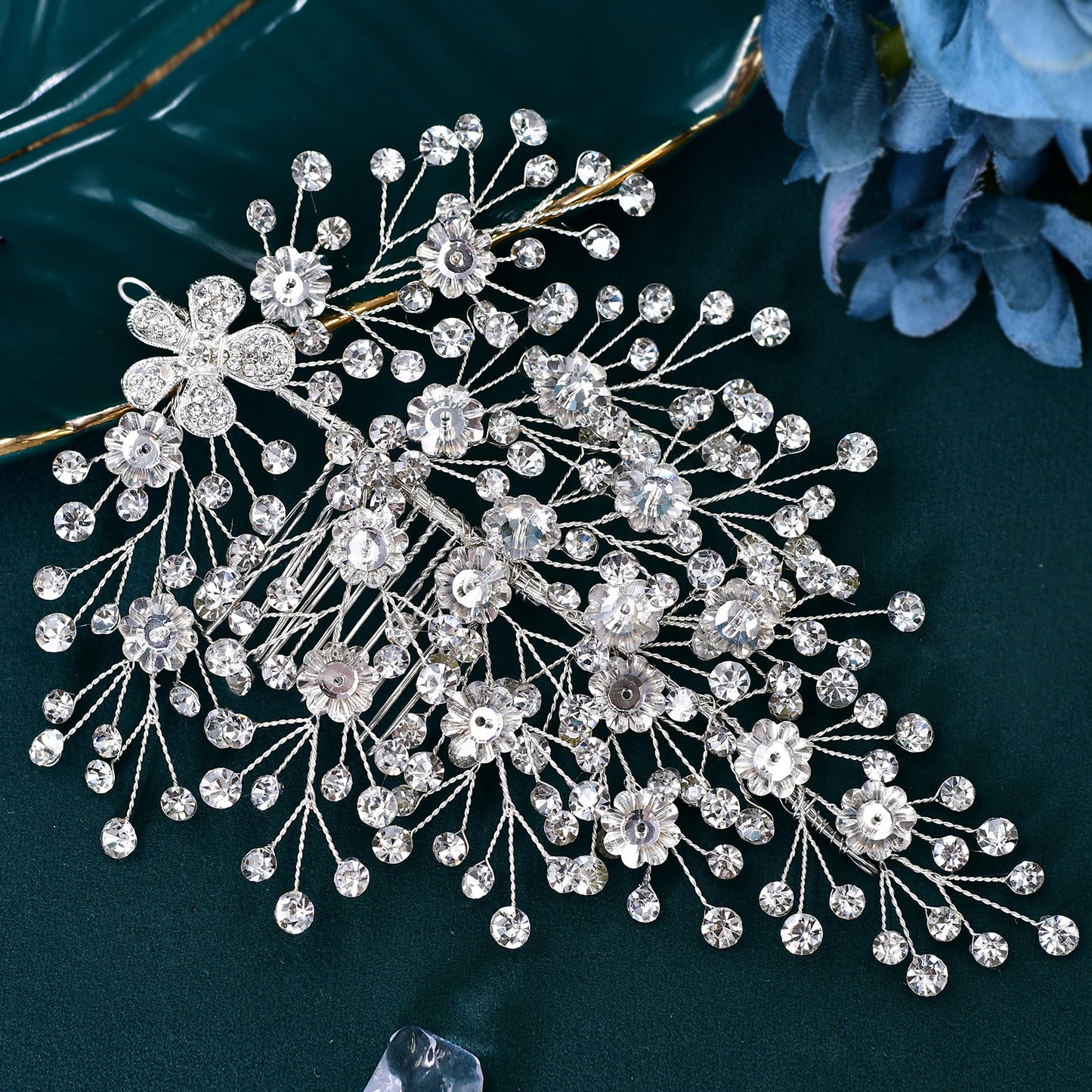 BRIDELLA BHP561  Silver Color Alloy Flower Wedding Headpiece Rhinestone Bridal Hair Accessories Headband Handmade Hair Comb