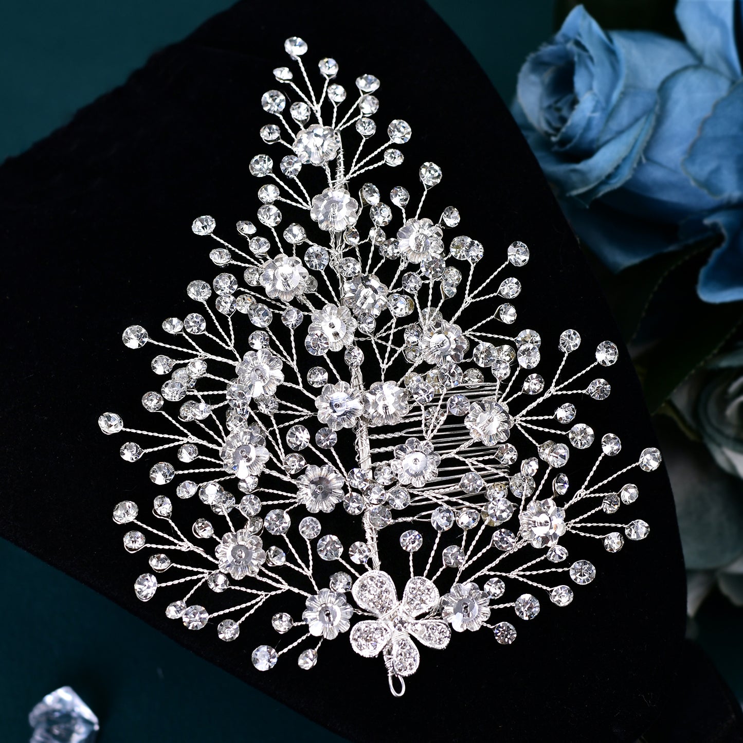 BRIDELLA BHP561  Silver Color Alloy Flower Wedding Headpiece Rhinestone Bridal Hair Accessories Headband Handmade Hair Comb