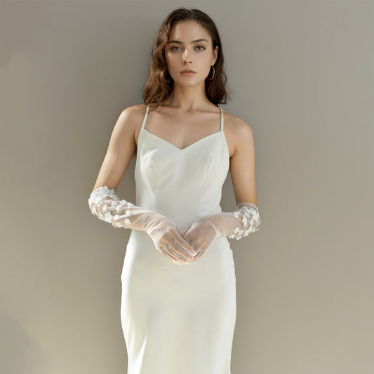 BRIDELLA BMM15 Women's 3d Flower Bridal Long Full Finger Gloves Wedding Dress Accessories Performance Decoration