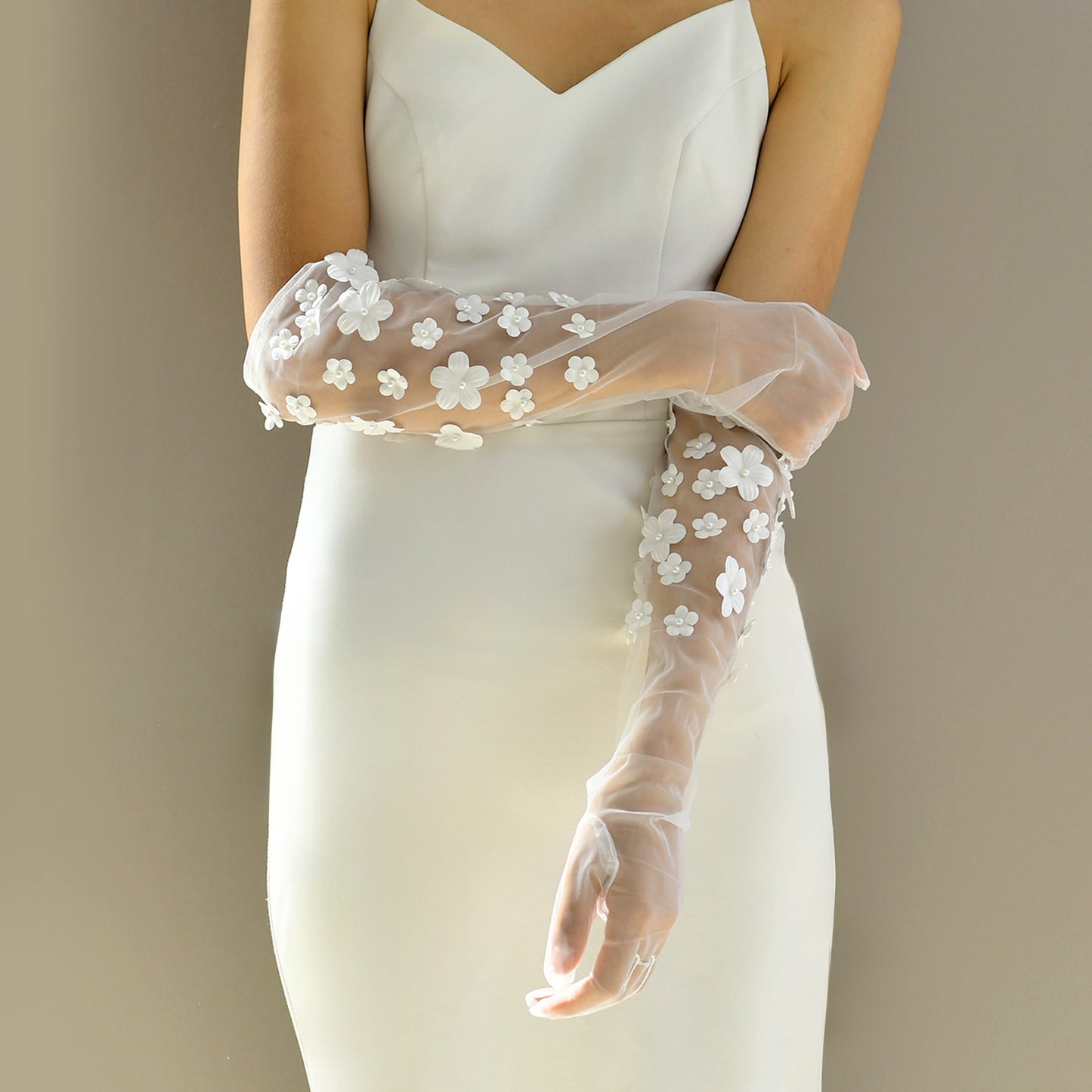BRIDELLA BMM15 Women's 3d Flower Bridal Long Full Finger Gloves Wedding Dress Accessories Performance Decoration