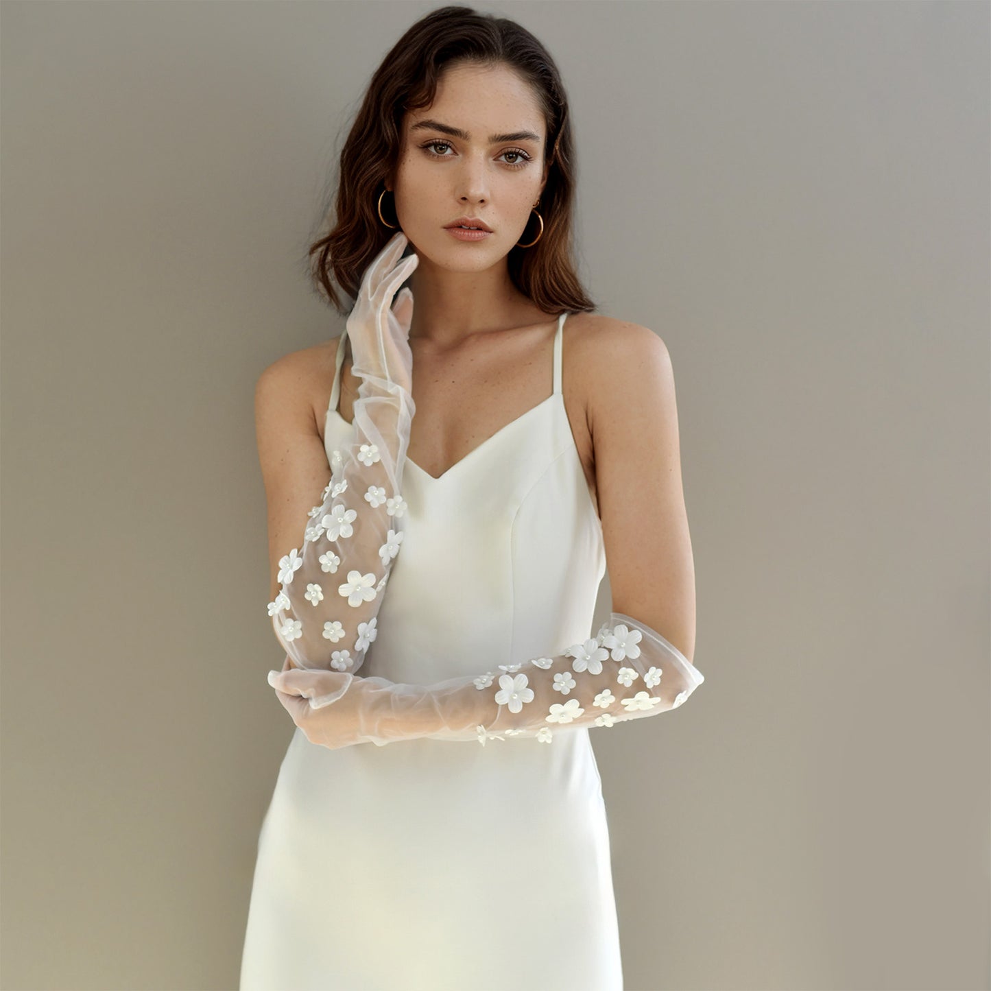 BRIDELLA BMM15 Women's 3d Flower Bridal Long Full Finger Gloves Wedding Dress Accessories Performance Decoration