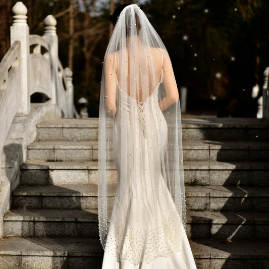 BRIDELLA BV10 Single Waltz Length Curved Pearl Bridal Veil with Comb