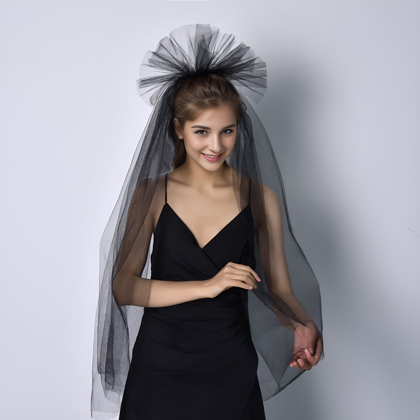 BRIDELLA BM125 Vintage Black Bridal Veil Classic Single-Layer Gothic Wedding Veil with Comb Exaggerated Flower Shaped Wedding Dress Accessories Halloween Cos Headwear