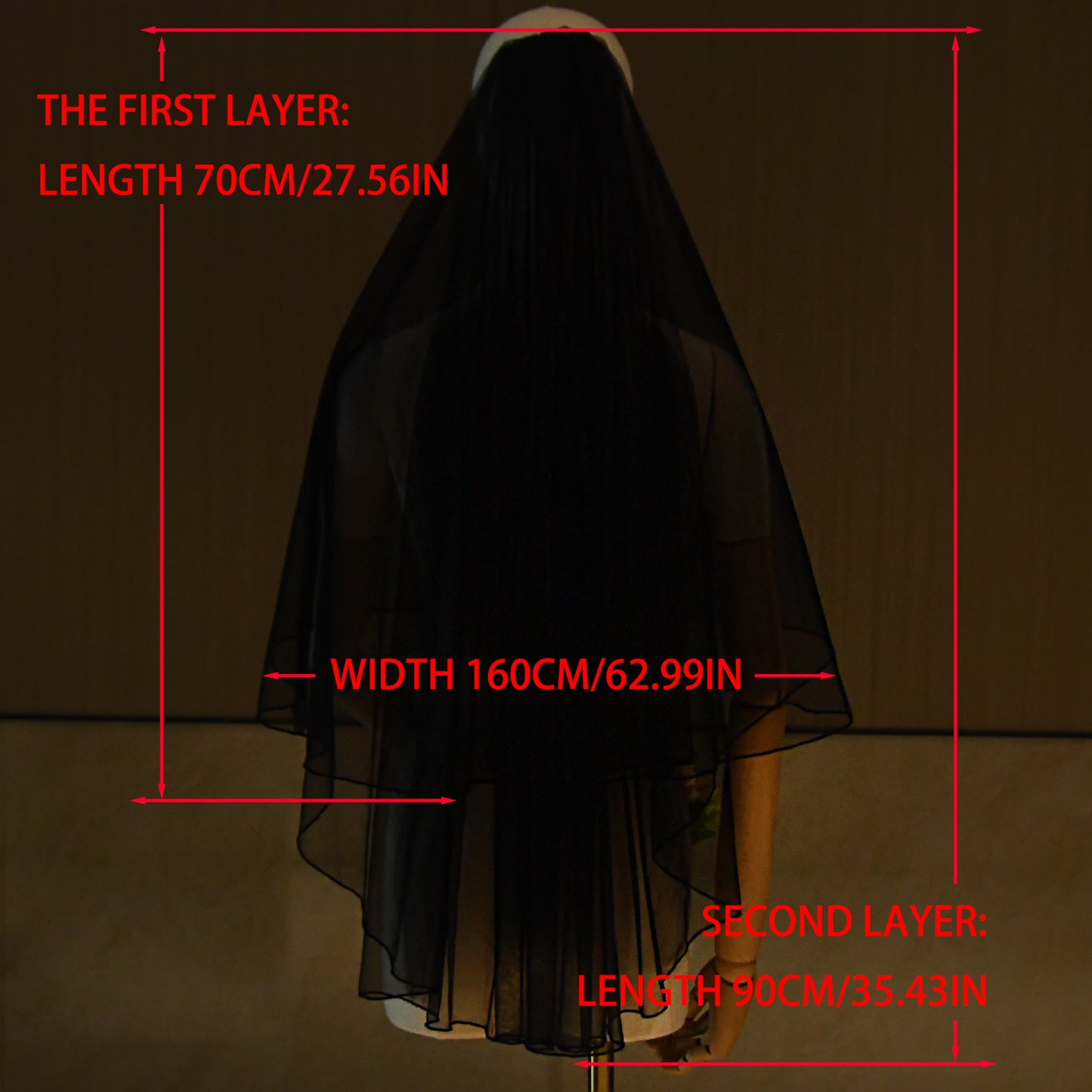 BRIDELLA BV15 Simple Style Double Layer Fingertip Length Bridal Veil Black Gothic Party Mesh with Hair Comb