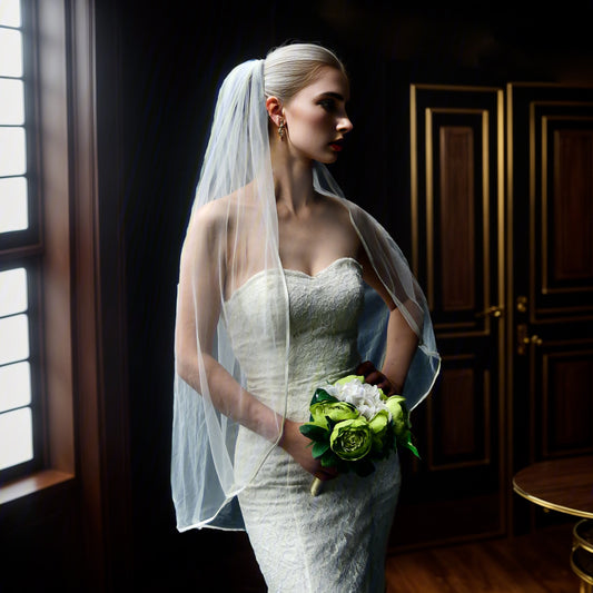 BRIDELLA BV21 Simple And Elegant Short Fingertip Length Bridal Veil With Satin Edge High Quality Bridal Fashion Veil