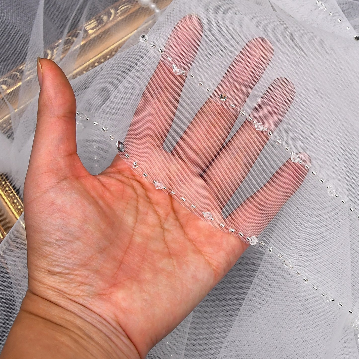 BRIDELLA BV31 Thin Transparent Fingertip Length Bridal Wedding Tulle With Handmade Beaded Edge Decoration Simple And Elegant