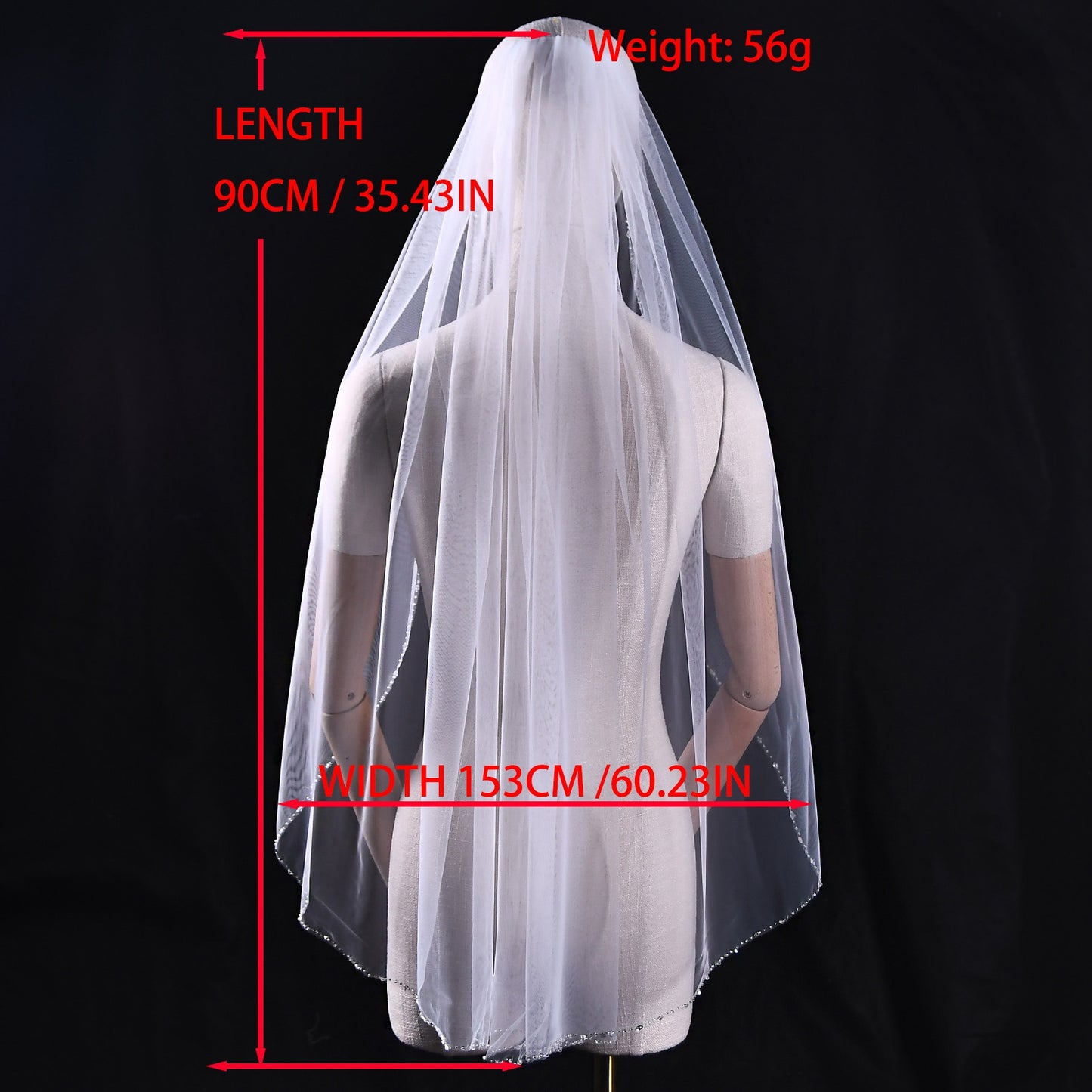 BRIDELLA BV31 Thin Transparent Fingertip Length Bridal Wedding Tulle With Handmade Beaded Edge Decoration Simple And Elegant
