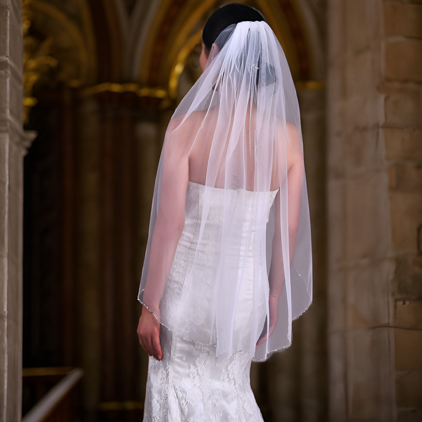 BRIDELLA BV31 Thin Transparent Fingertip Length Bridal Wedding Tulle With Handmade Beaded Edge Decoration Simple And Elegant