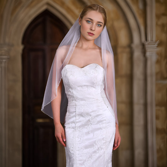 BRIDELLA BV31 Thin Transparent Fingertip Length Bridal Wedding Tulle With Handmade Beaded Edge Decoration Simple And Elegant