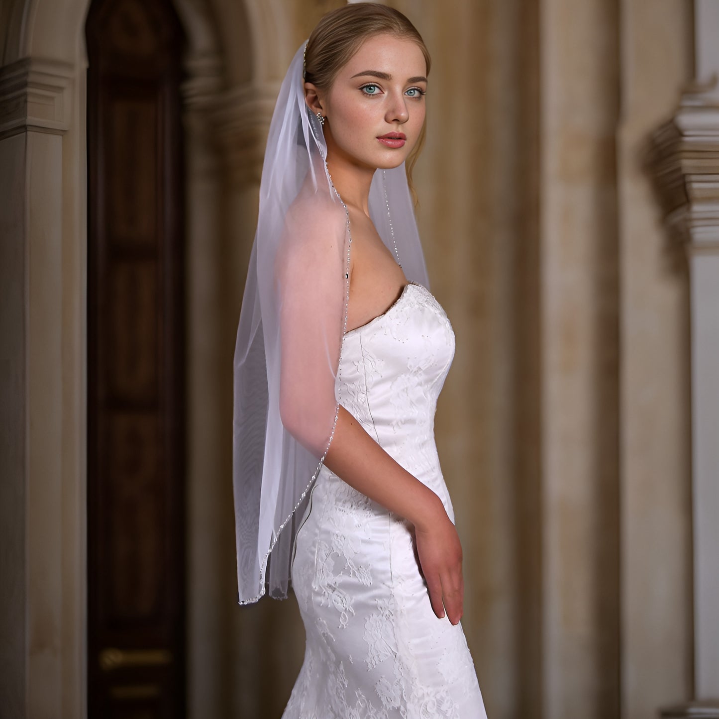 BRIDELLA BV31 Thin Transparent Fingertip Length Bridal Wedding Tulle With Handmade Beaded Edge Decoration Simple And Elegant