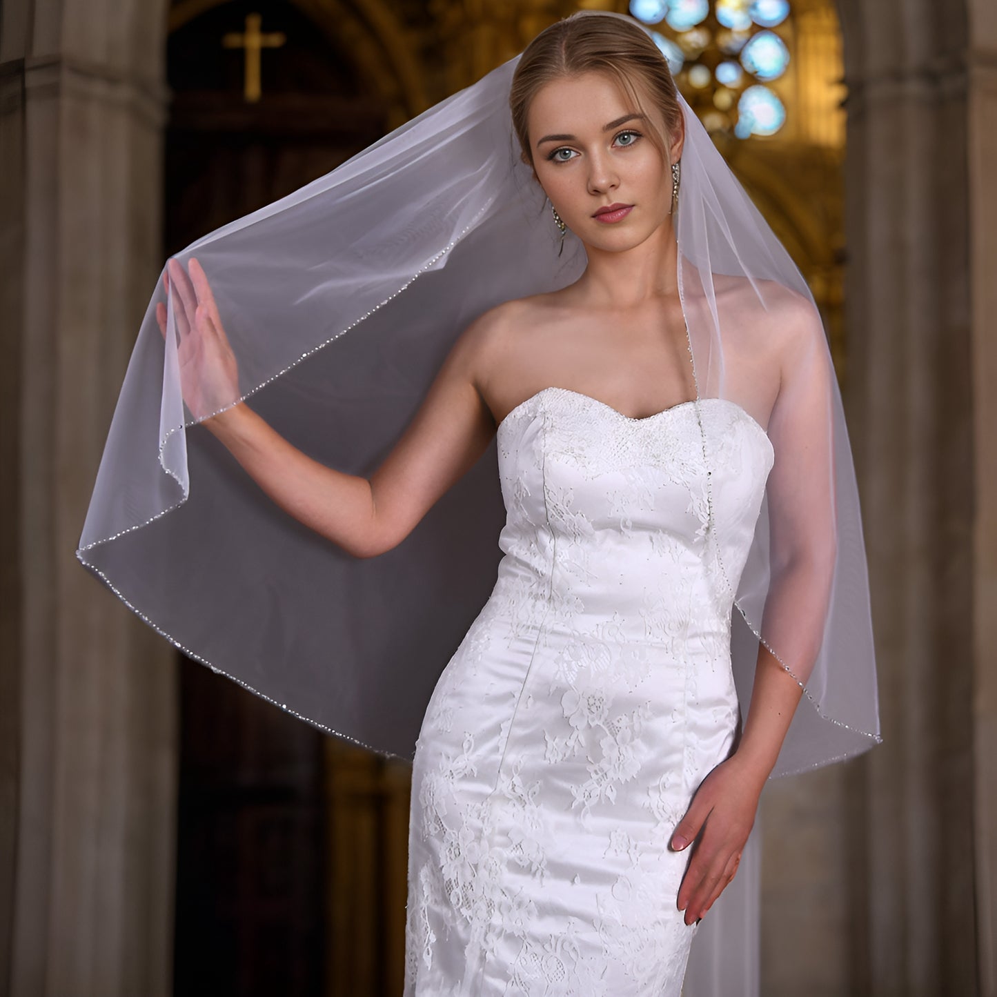 BRIDELLA BV31 Thin Transparent Fingertip Length Bridal Wedding Tulle With Handmade Beaded Edge Decoration Simple And Elegant