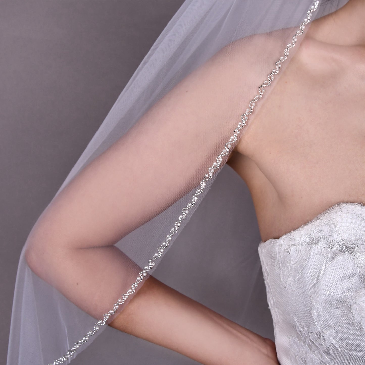 BRIDELLA BV32 Simple Fingertip Length Shiny Beaded Veil Pure Handmade Single Layer Elegant Bridal Veil Travel Photography Veil
