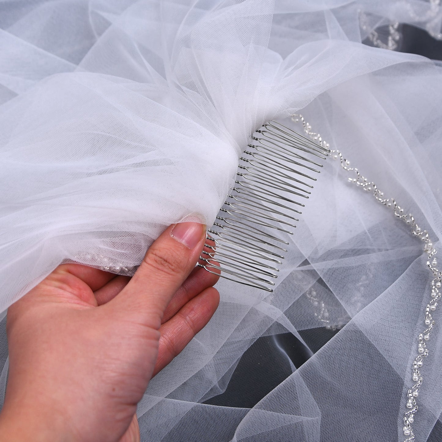 BRIDELLA BV32 Simple Fingertip Length Shiny Beaded Veil Pure Handmade Single Layer Elegant Bridal Veil Travel Photography Veil