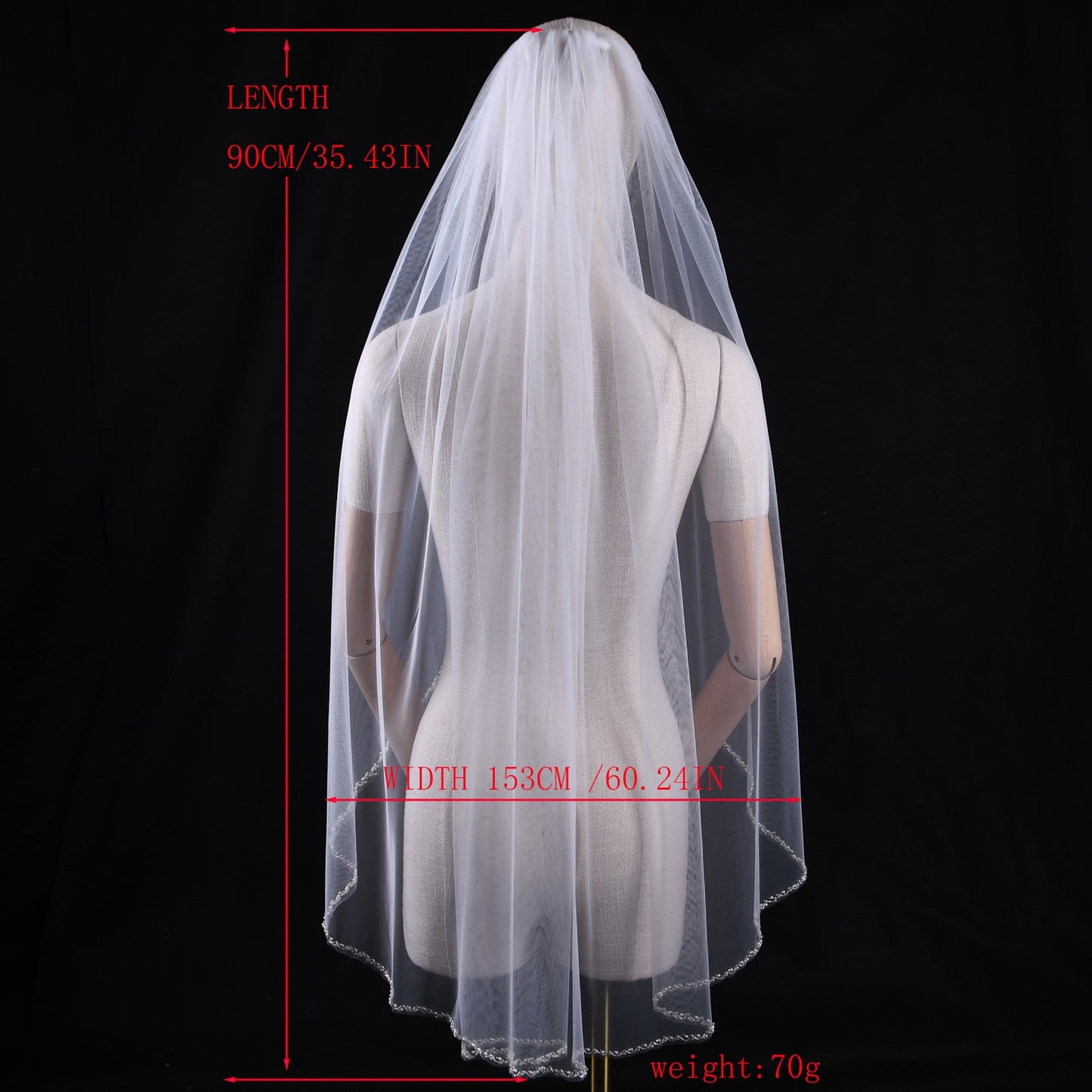 BRIDELLA BV32 Simple Fingertip Length Shiny Beaded Veil Pure Handmade Single Layer Elegant Bridal Veil Travel Photography Veil