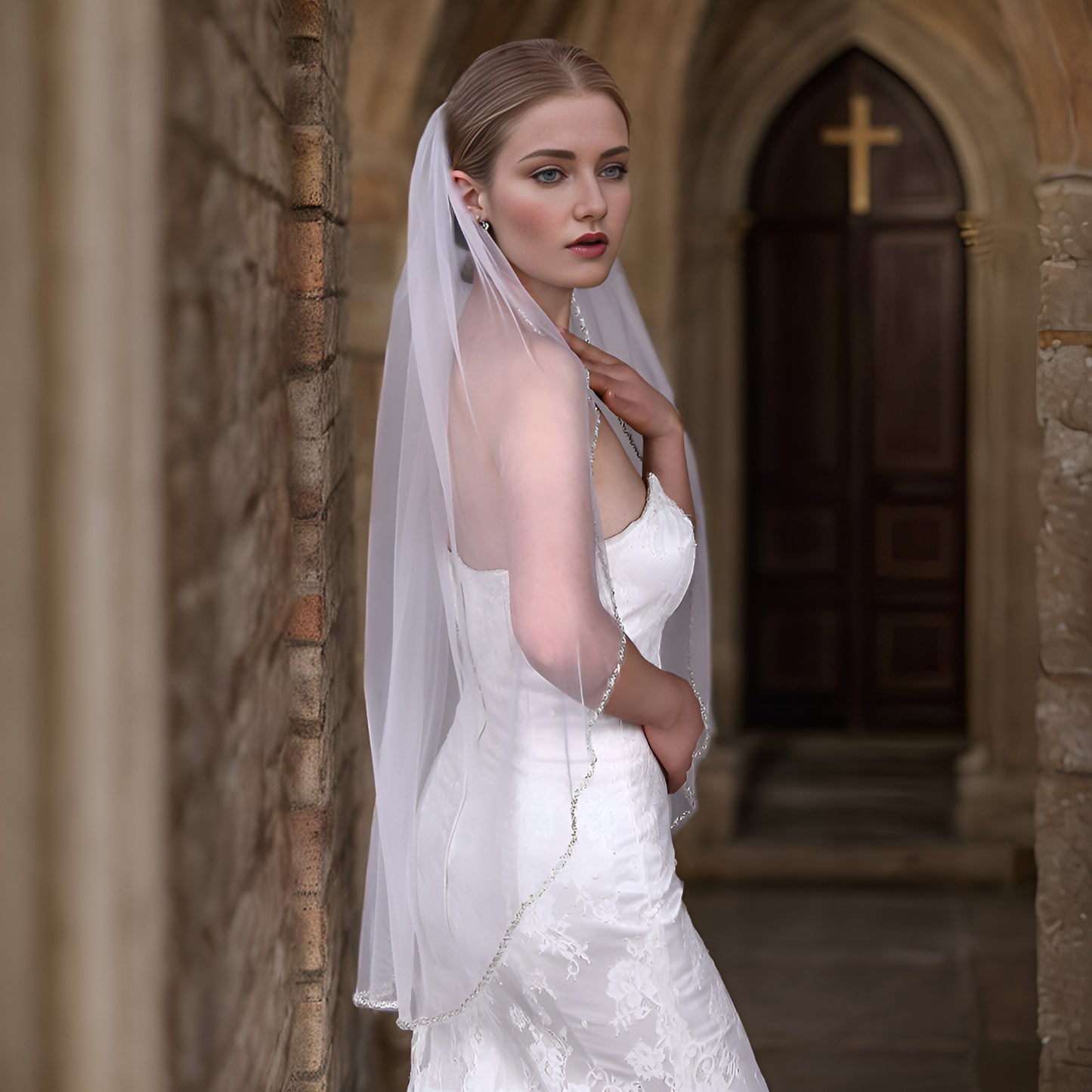 BRIDELLA BV32 Simple Fingertip Length Shiny Beaded Veil Pure Handmade Single Layer Elegant Bridal Veil Travel Photography Veil