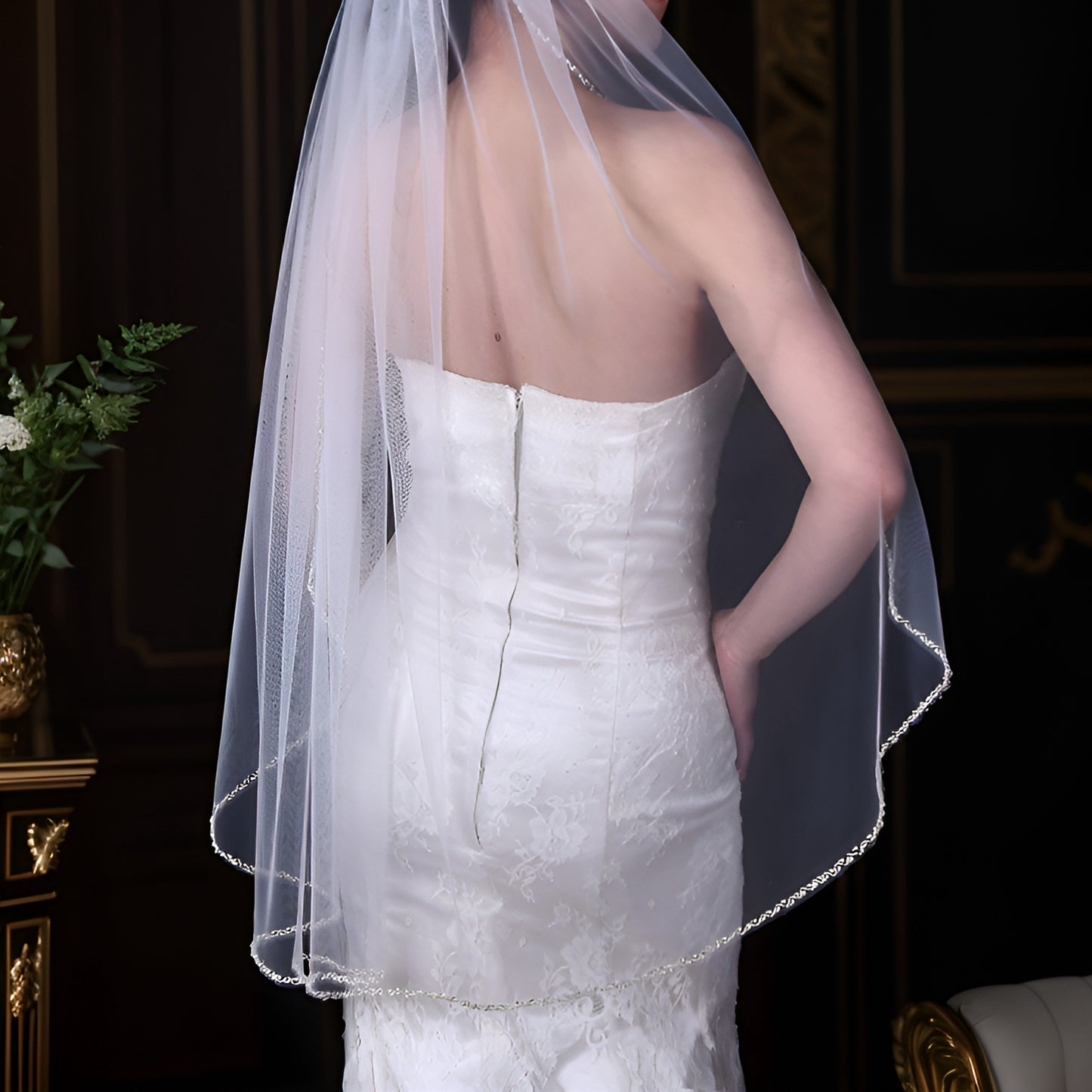 BRIDELLA BV32 Simple Fingertip Length Shiny Beaded Veil Pure Handmade Single Layer Elegant Bridal Veil Travel Photography Veil
