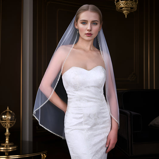 BRIDELLA BV32 Simple Fingertip Length Shiny Beaded Veil Pure Handmade Single Layer Elegant Bridal Veil Travel Photography Veil
