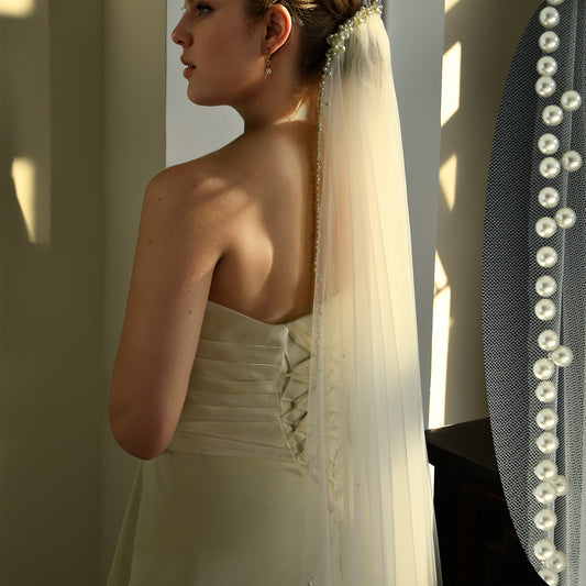 BRIDELLA BM99 New Bridal Veil Double Band Hair Comb Beaded Pearl Long Train Gentle Fashion Wedding Accessory