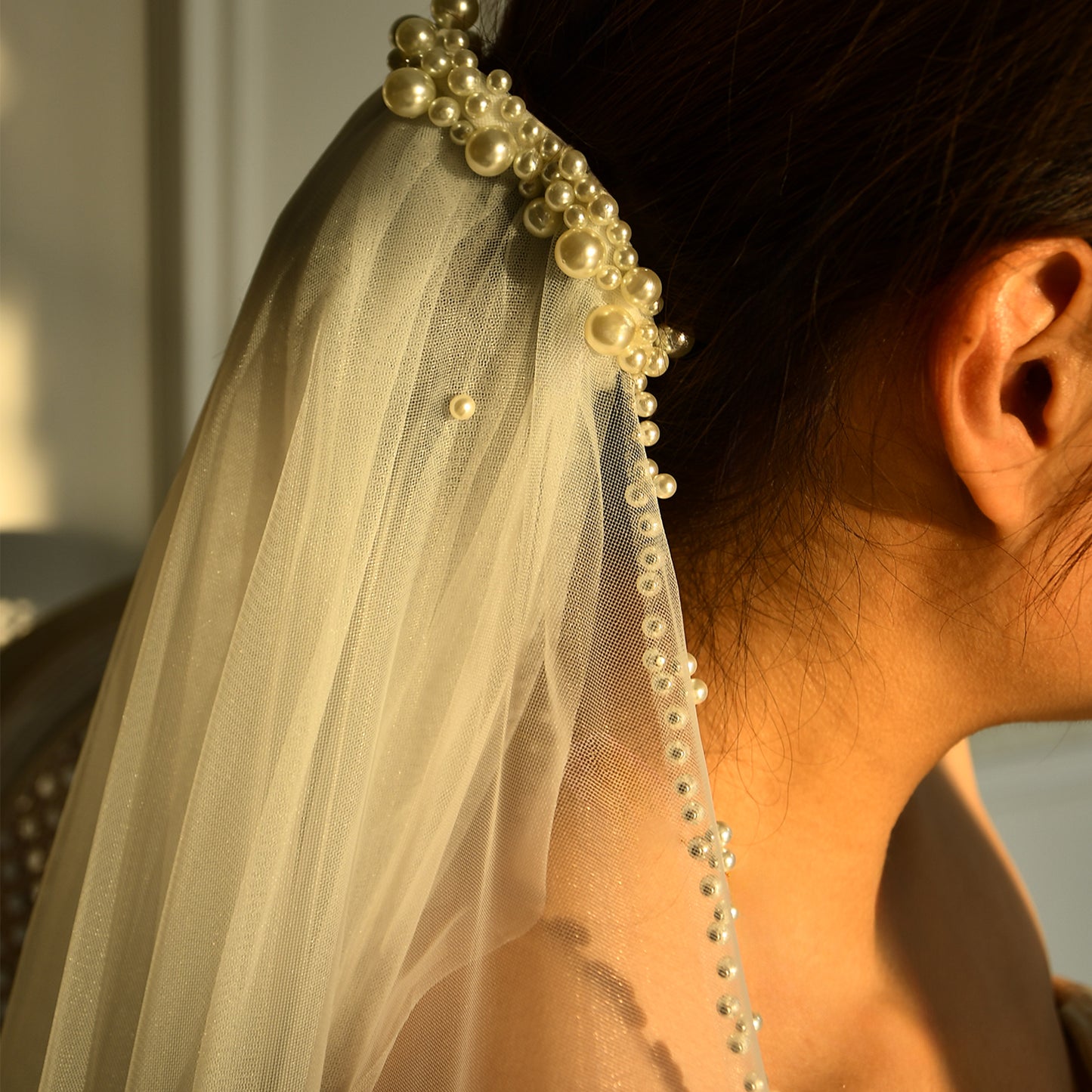 BRIDELLA BM99 New Bridal Veil Double Band Hair Comb Beaded Pearl Long Train Gentle Fashion Wedding Accessory