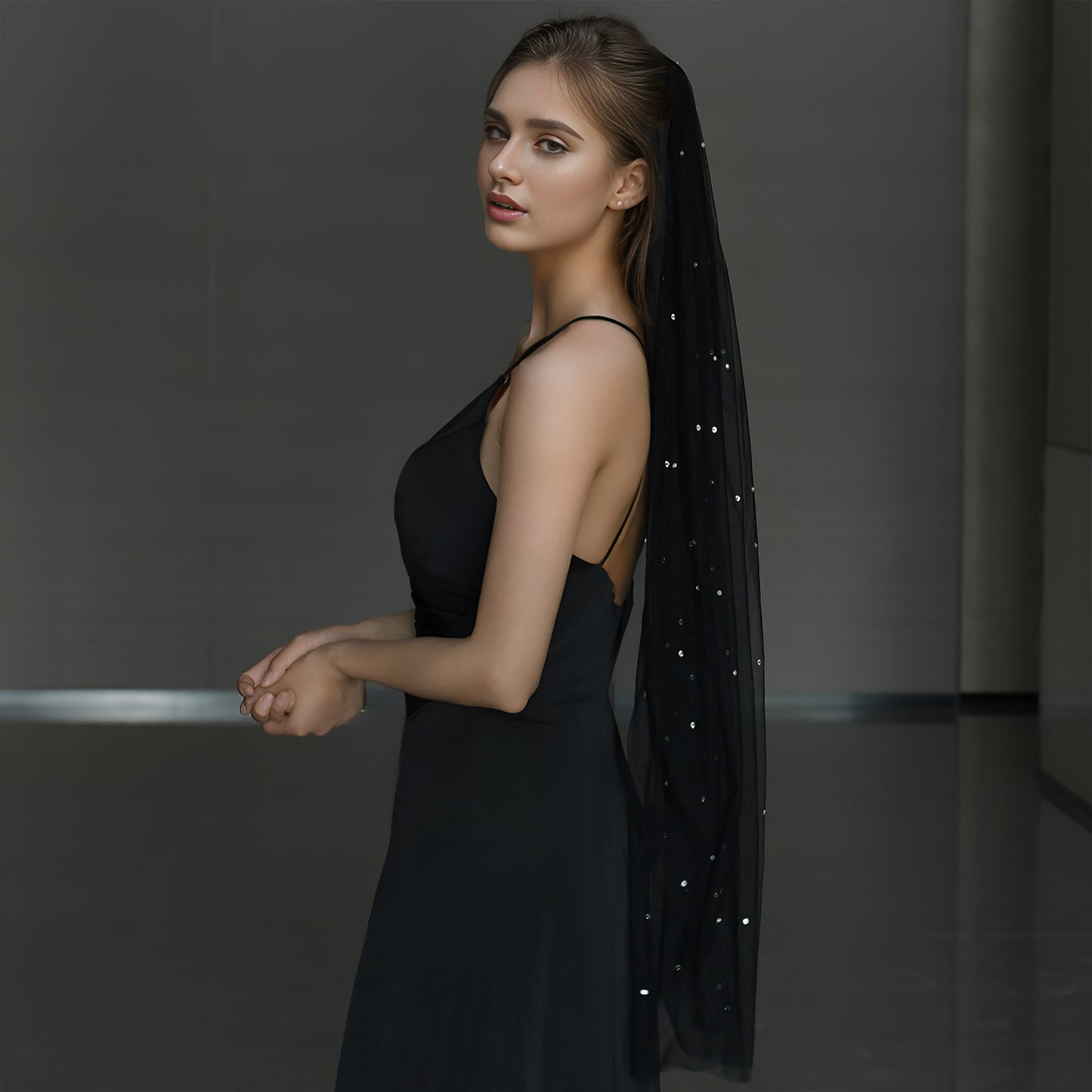 BRIDELLA BM127 Black Rhinestone Bridal Veil Wedding Dress Accessories Short With Hair Comb Holiday Dress