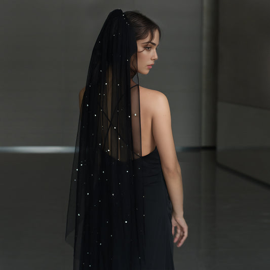 BRIDELLA BM127 Black Rhinestone Bridal Veil Wedding Dress Accessories Short With Hair Comb Holiday Dress