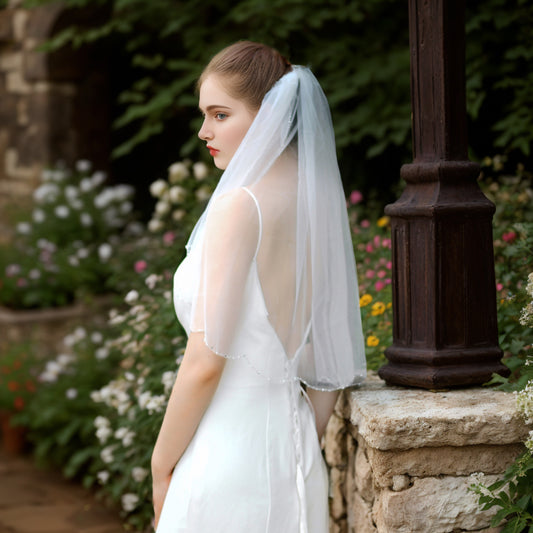 BRIDELLA BV33 Beautifully Beaded Edge Wavy Cut Veil Single Layer Elbow Length Veil With Comb Women's Wedding Veil