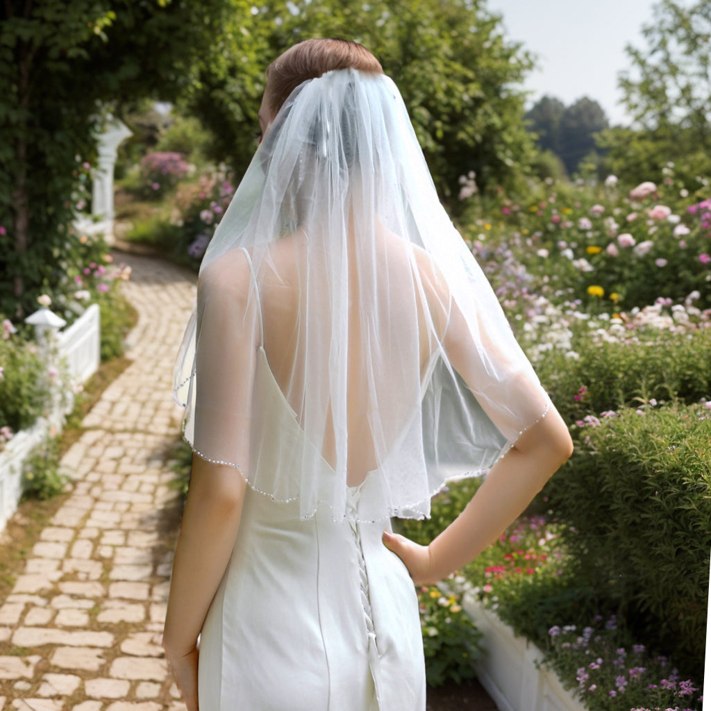 BRIDELLA BV33 Beautifully Beaded Edge Wavy Cut Veil Single Layer Elbow Length Veil With Comb Women's Wedding Veil