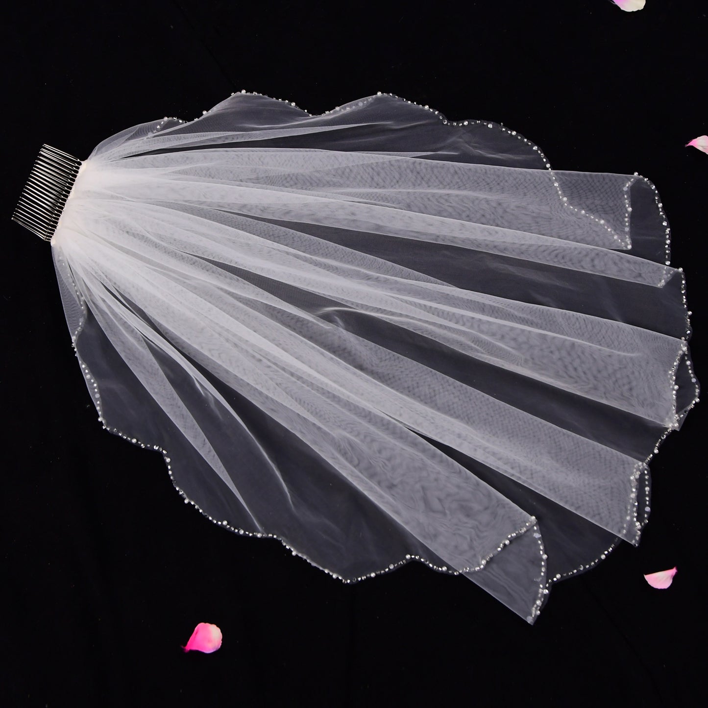 BRIDELLA BV33 Beautifully Beaded Edge Wavy Cut Veil Single Layer Elbow Length Veil With Comb Women's Wedding Veil