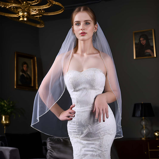 BRIDELLA BV34 Fashionable Fingertip Length Crystal Pearl Beaded Edge Single Layer Bridal Wedding Veil Suitable For Individual Dress