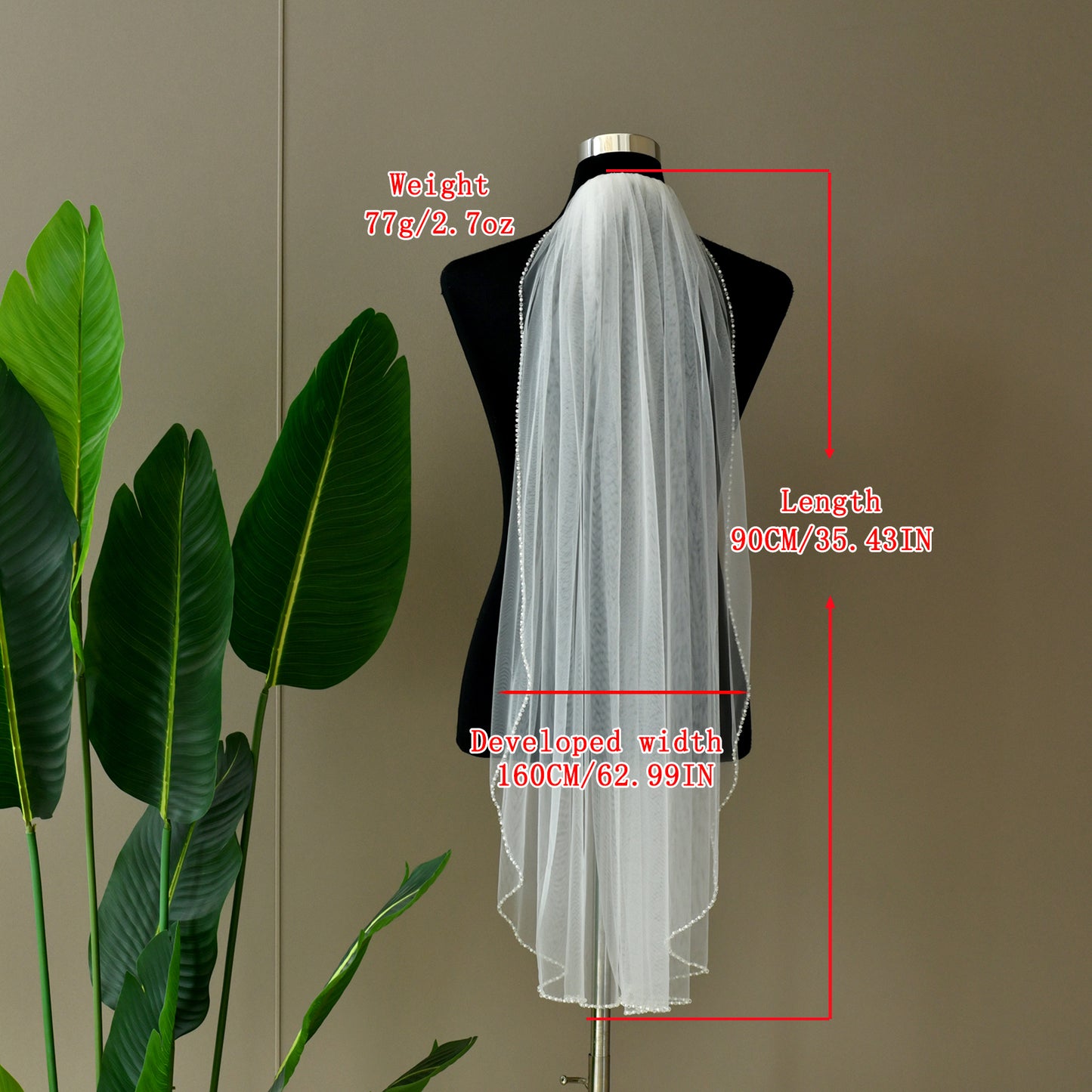 BRIDELLA BV34 Fashionable Fingertip Length Crystal Pearl Beaded Edge Single Layer Bridal Wedding Veil Suitable For Individual Dress