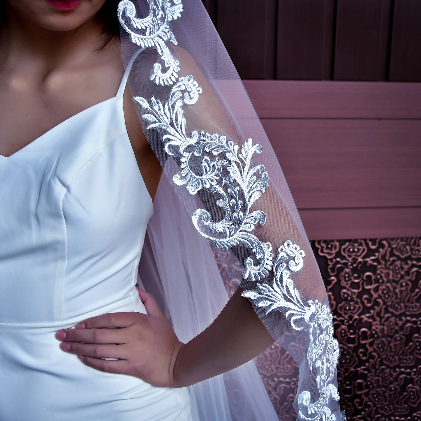 BRIDELLA BM45 Long Tailed Embroidered Edge Bridal Veil Without Hair Comb Bridal Accessories Women's Outdoor Lawn Photography