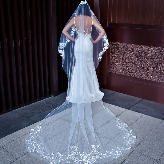 BRIDELLA BM45 Long Tailed Embroidered Edge Bridal Veil Without Hair Comb Bridal Accessories Women's Outdoor Lawn Photography