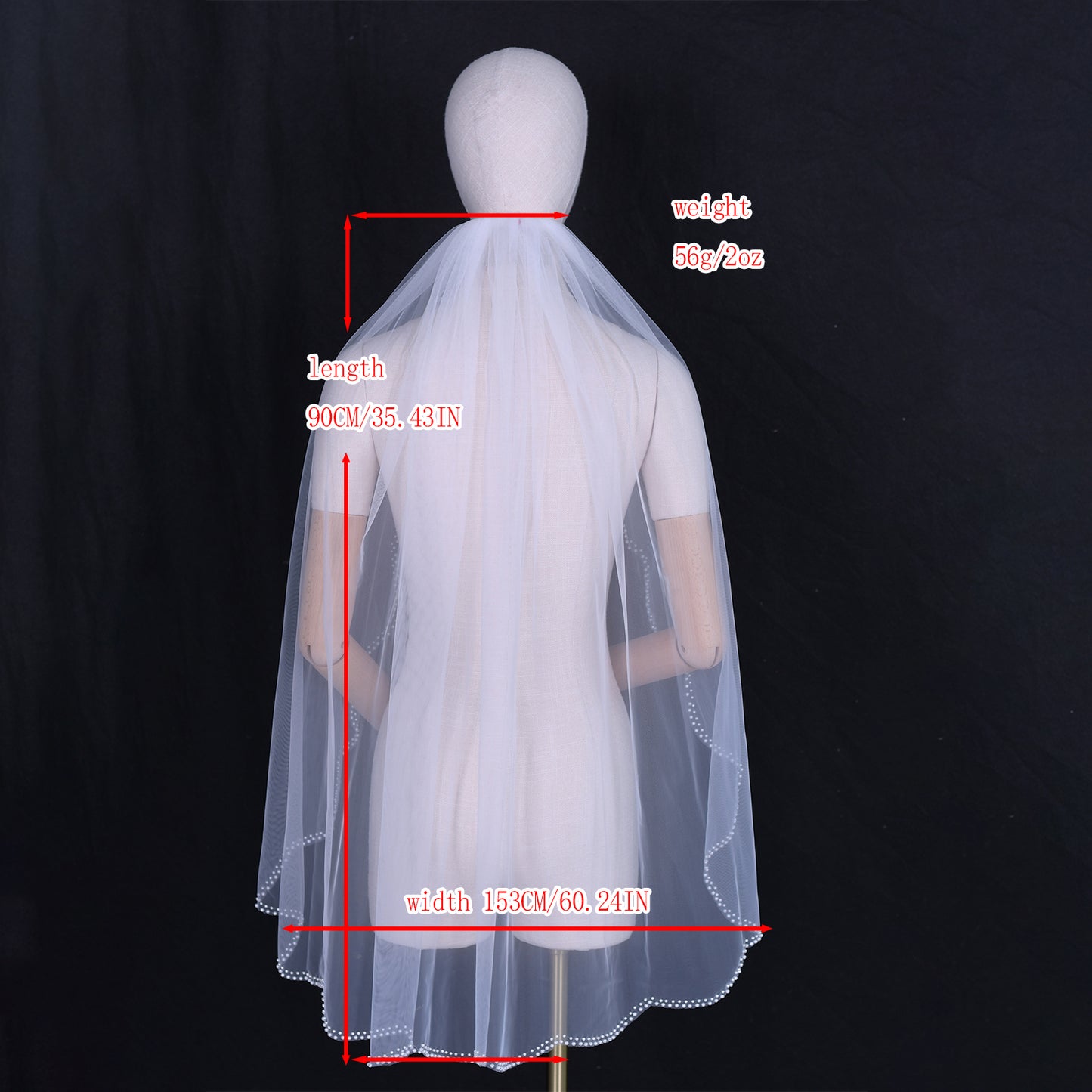 BRIDELLA BV35 Simple Single Layer Bridal Veil Fingertip Length Wavy Edge Pearl Beaded Veil