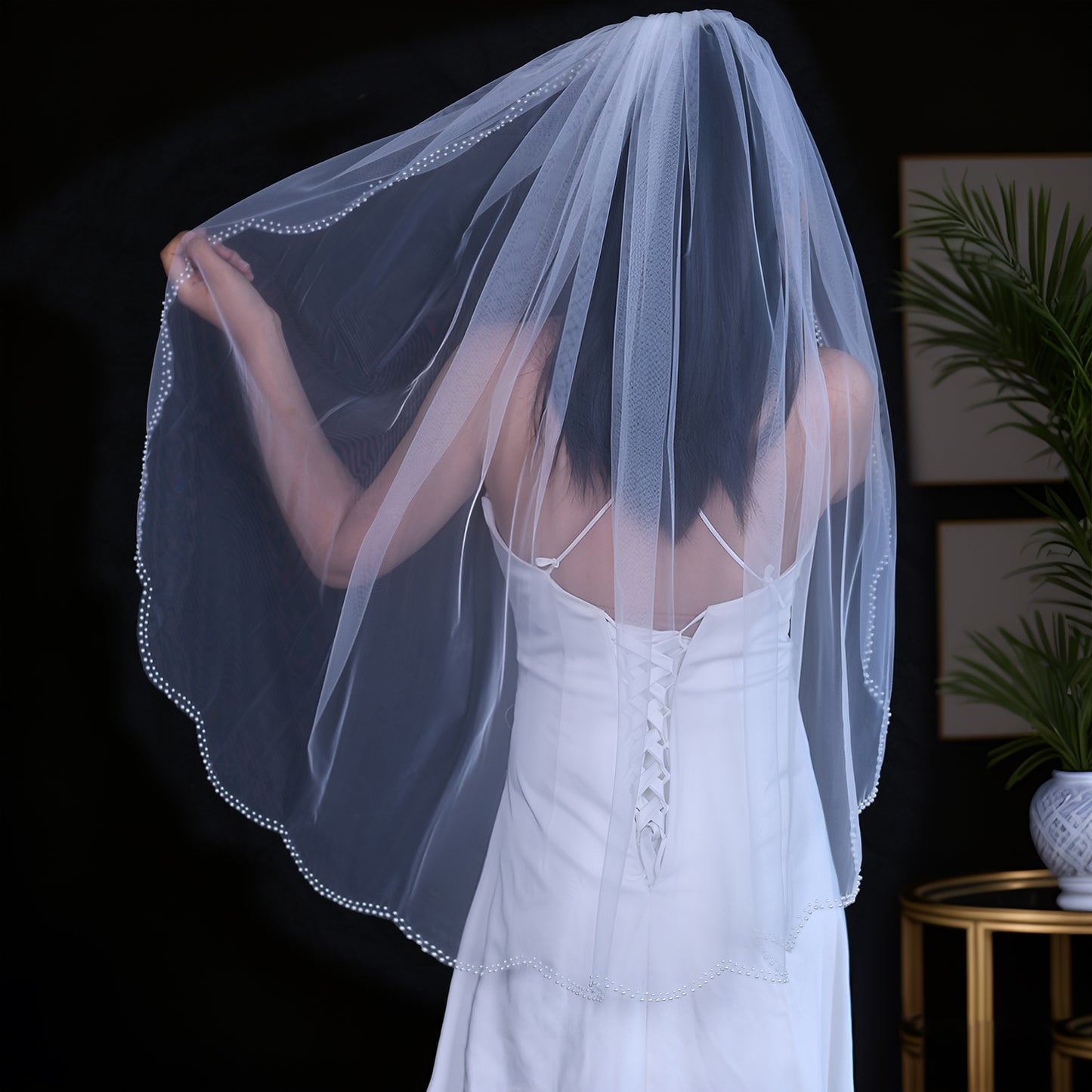 BRIDELLA BV35 Simple Single Layer Bridal Veil Fingertip Length Wavy Edge Pearl Beaded Veil