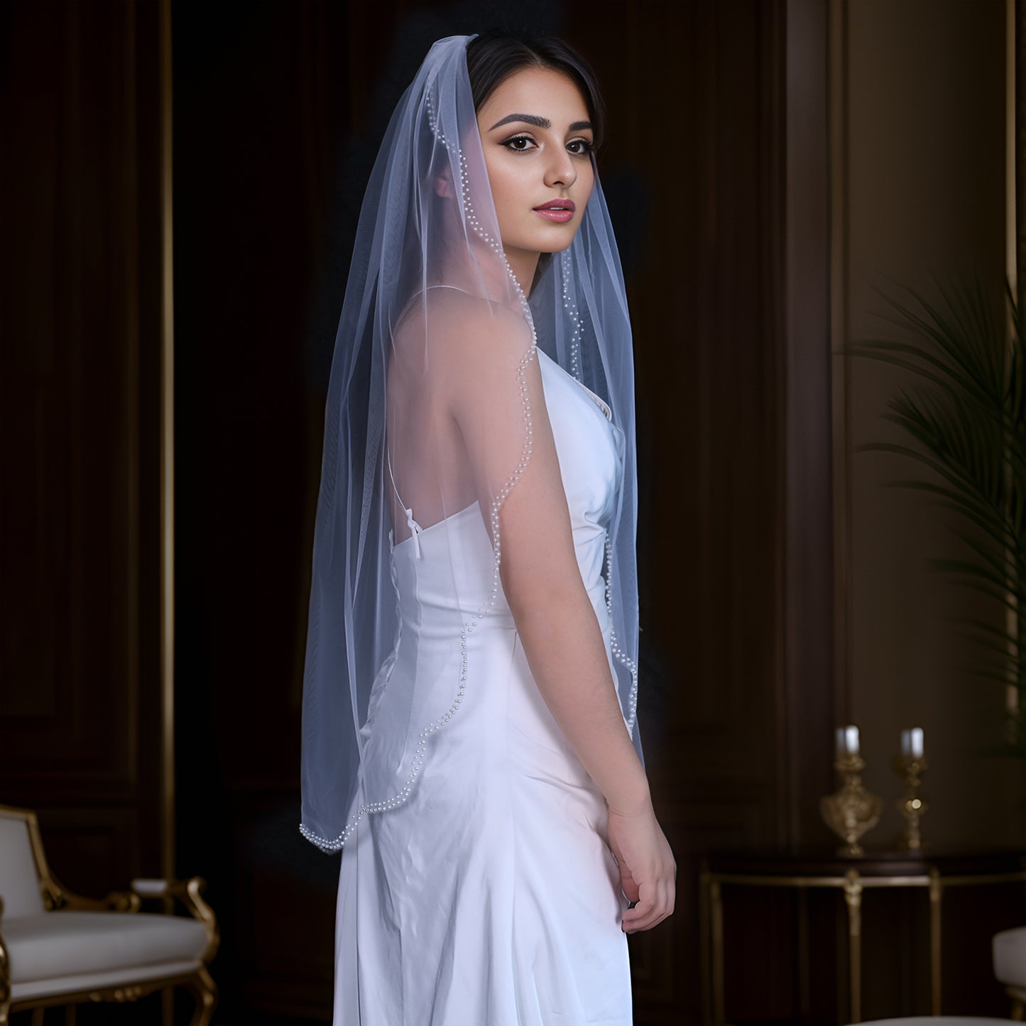 BRIDELLA BV35 Simple Single Layer Bridal Veil Fingertip Length Wavy Edge Pearl Beaded Veil
