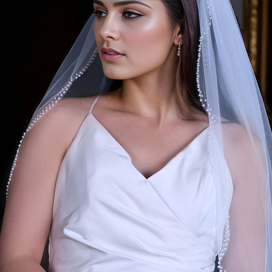 BRIDELLA BV35 Simple Single Layer Bridal Veil Fingertip Length Wavy Edge Pearl Beaded Veil