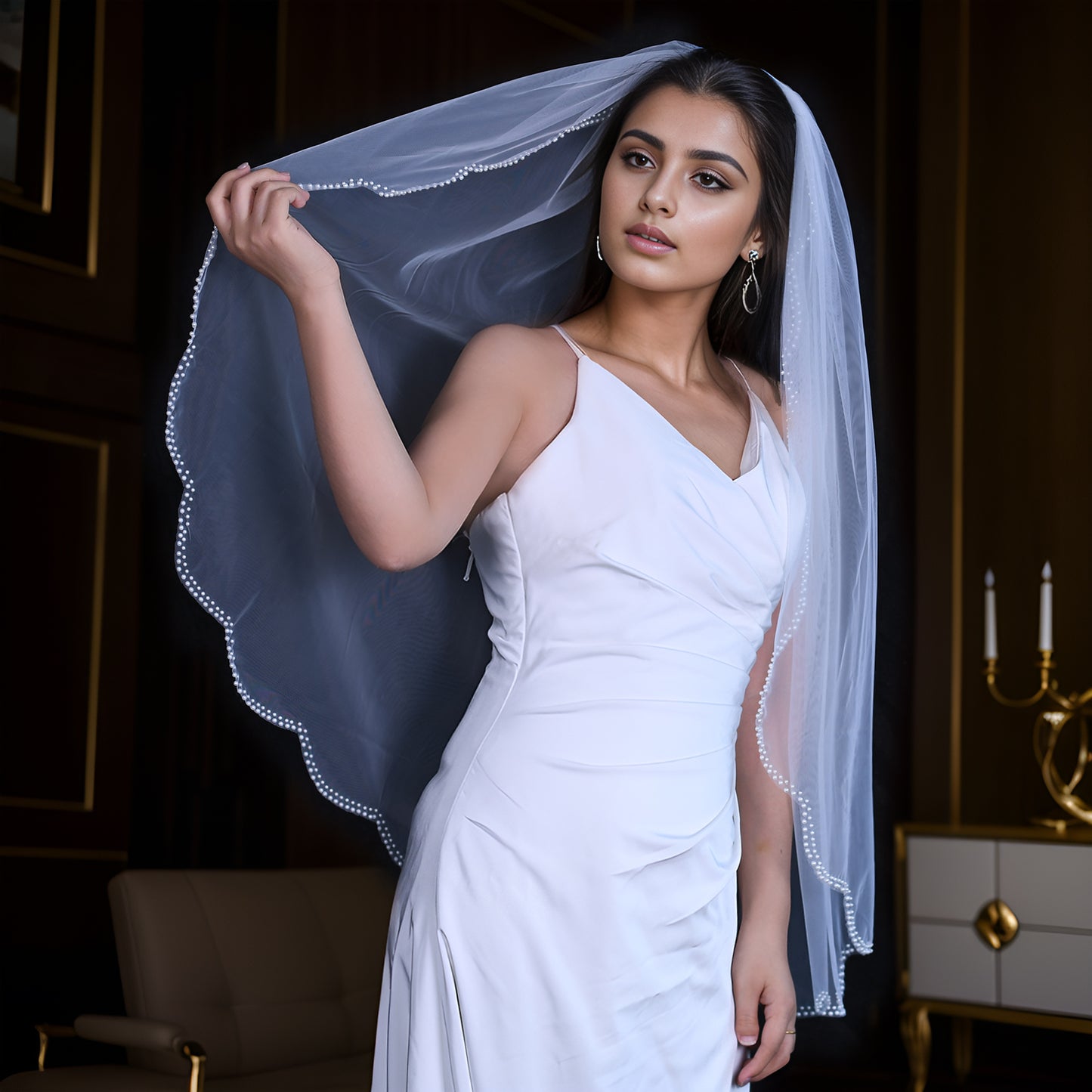 BRIDELLA BV35 Simple Single Layer Bridal Veil Fingertip Length Wavy Edge Pearl Beaded Veil