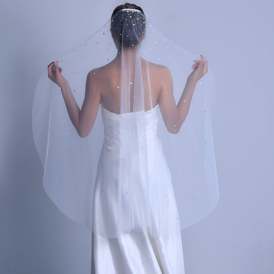 BRIDELLA BM31 Single Finger Long Rhinestones Decorated Bridal Veil White Soft Tulle Outdoor Wedding Accessories Women Dress Voile