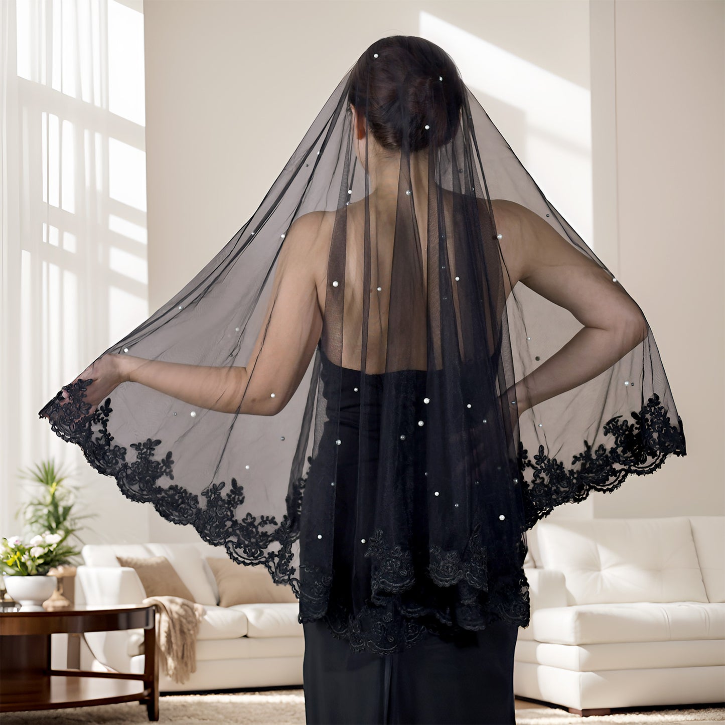 BRIDELLA BV65A Spanish Style Black Lace Bridal Veil Single Layer Soft Draped Veil Romantic Wedding Accessories
