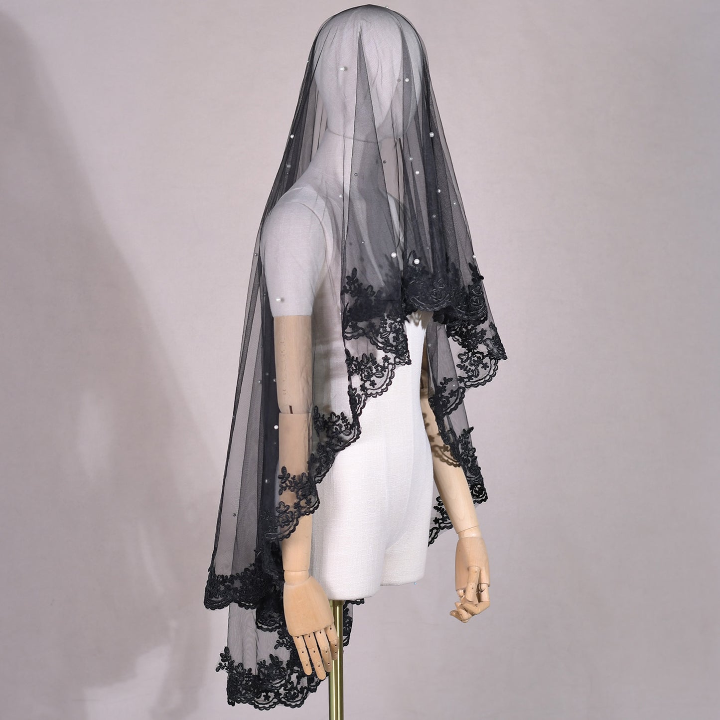 BRIDELLA BV65A Spanish Style Black Lace Bridal Veil Single Layer Soft Draped Veil Romantic Wedding Accessories