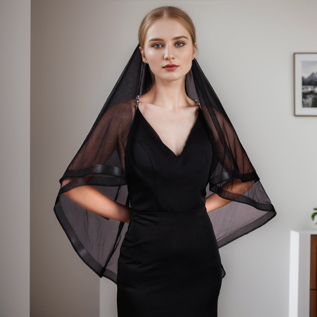 BRIDELLA BV69 Fashion Black Bridal Veil Double Layer Soft Lace Veil Fingertip Wedding Party Accessories