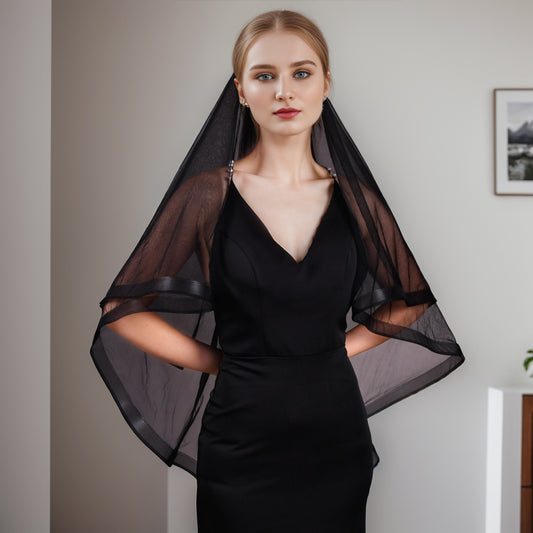 BRIDELLA BV69 Fashion Black Bridal Veil Double Layer Soft Lace Veil Fingertip Wedding Party Accessories