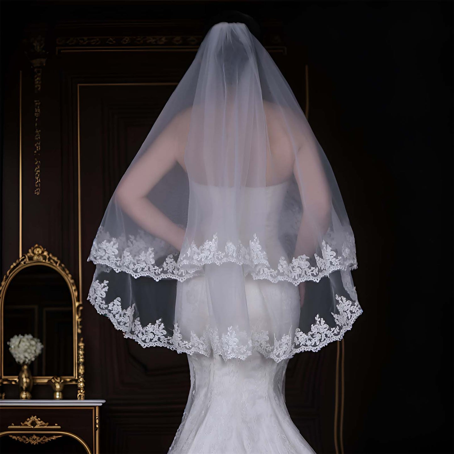 BRIDELLA BV79 Bridal Wedding Short Elbow Length Lace Veil Partially Trimmed Double Layer Soft Tulle Veil
